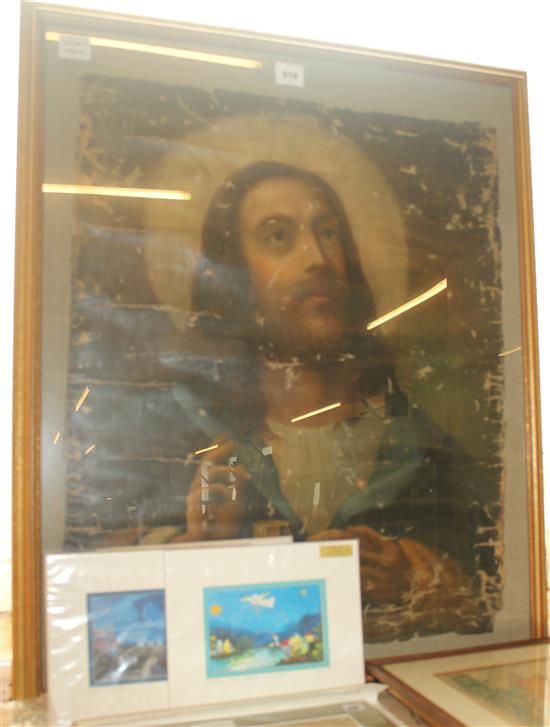 Figurative religious painting & qty unframed pictures